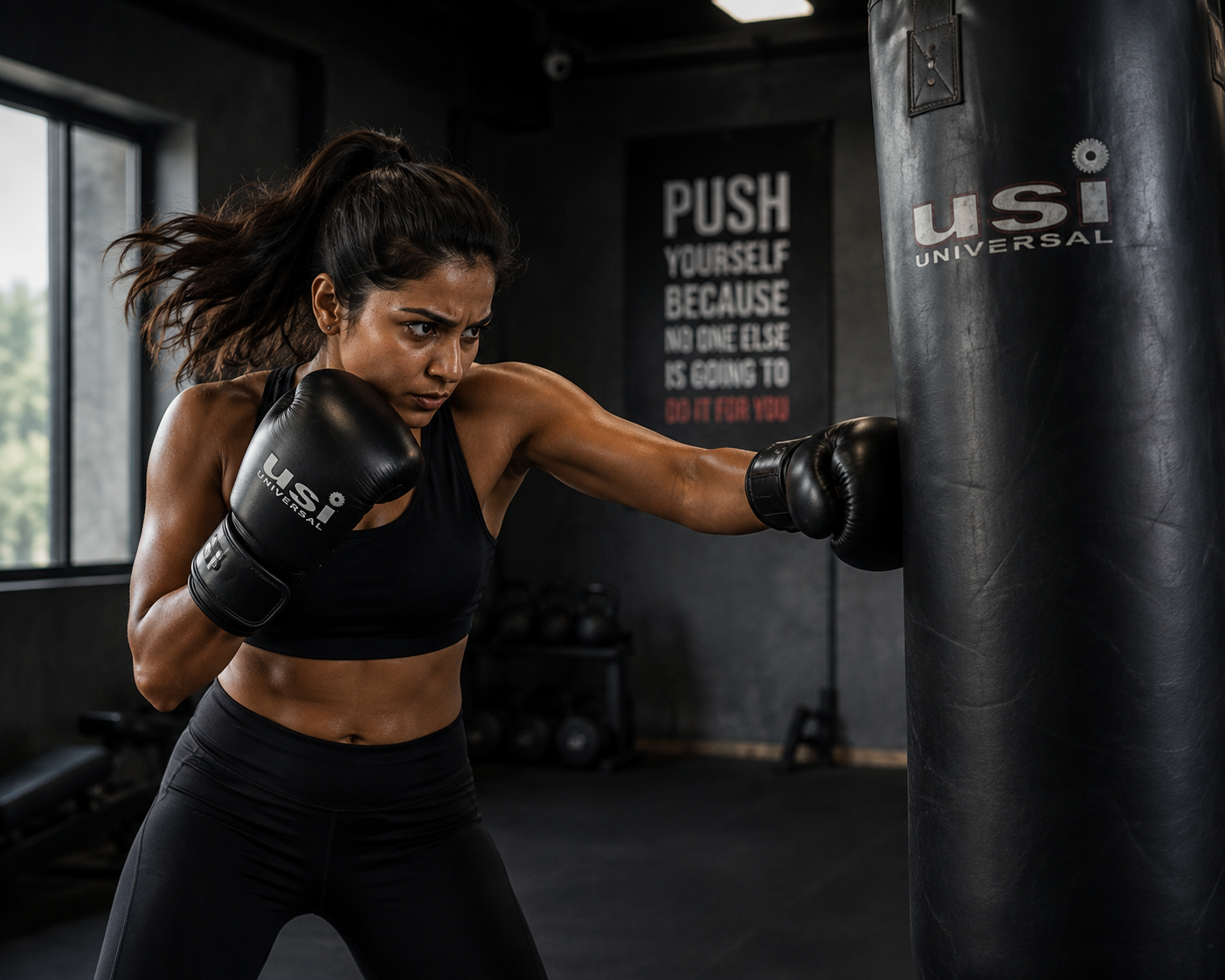 A member throwing a punch on a heavy bag in the boxing area.