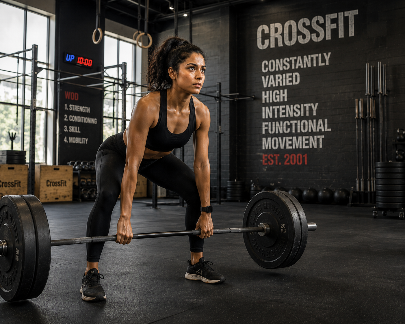 A member performing a barbell deadlift beneath the CrossFit wall graphic and WOD board.
