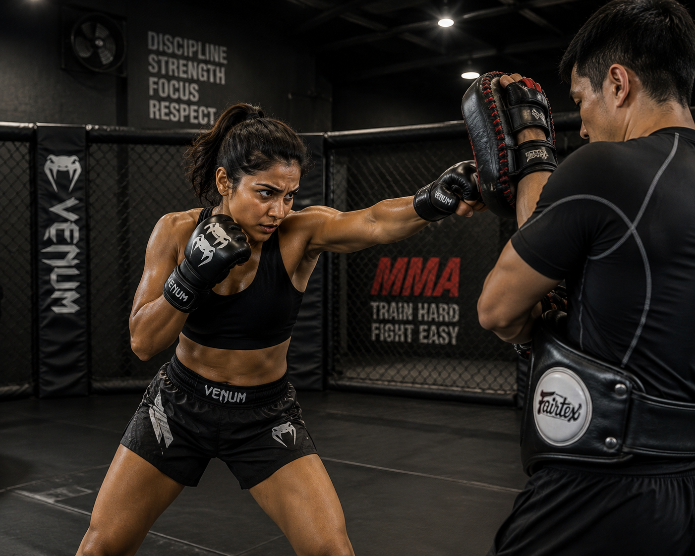A member training pad combinations with a coach inside the MMA cage.
