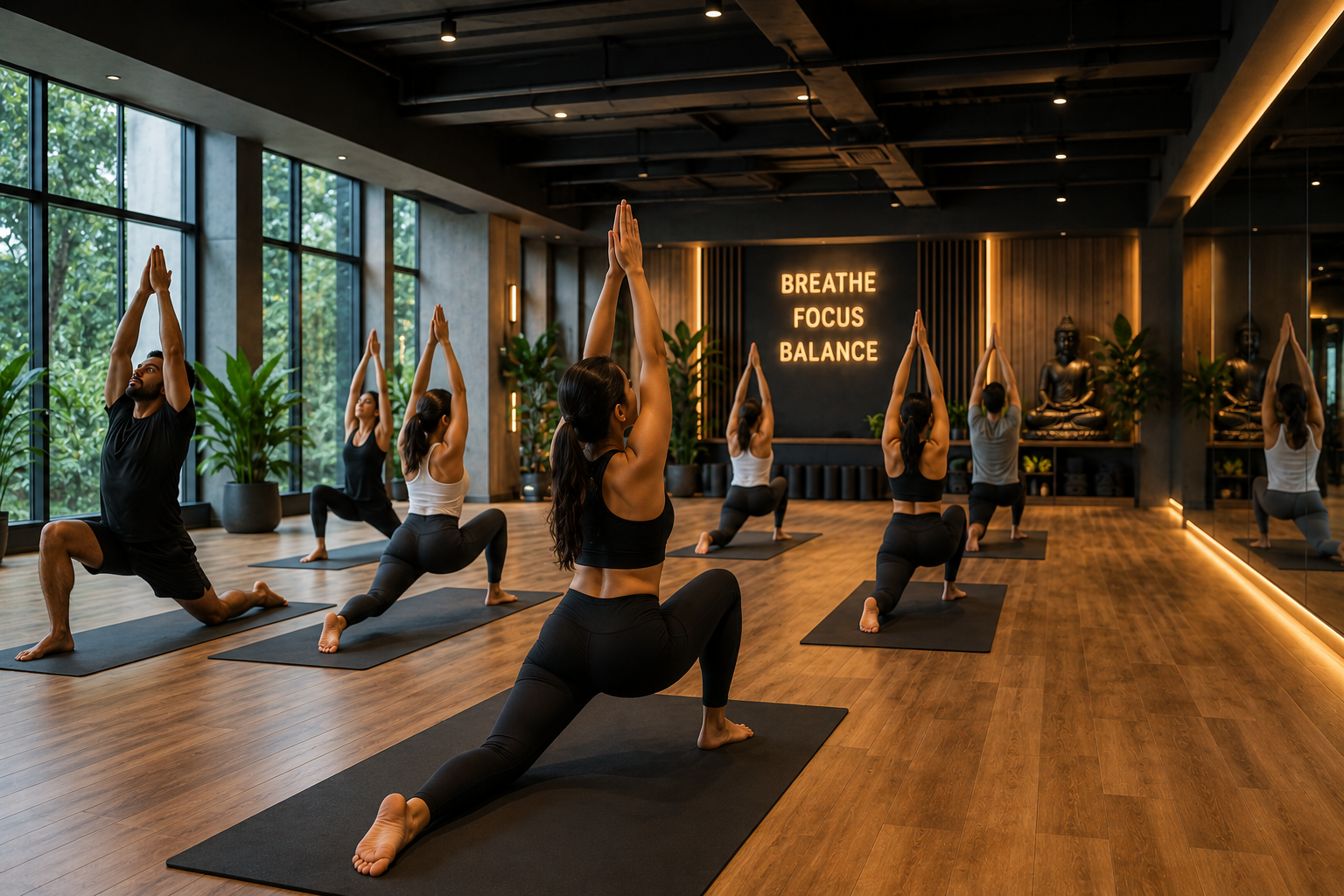 A yoga class holding a lunging pose with arms raised in front of a 'Breathe, Focus, Balance' studio wall.