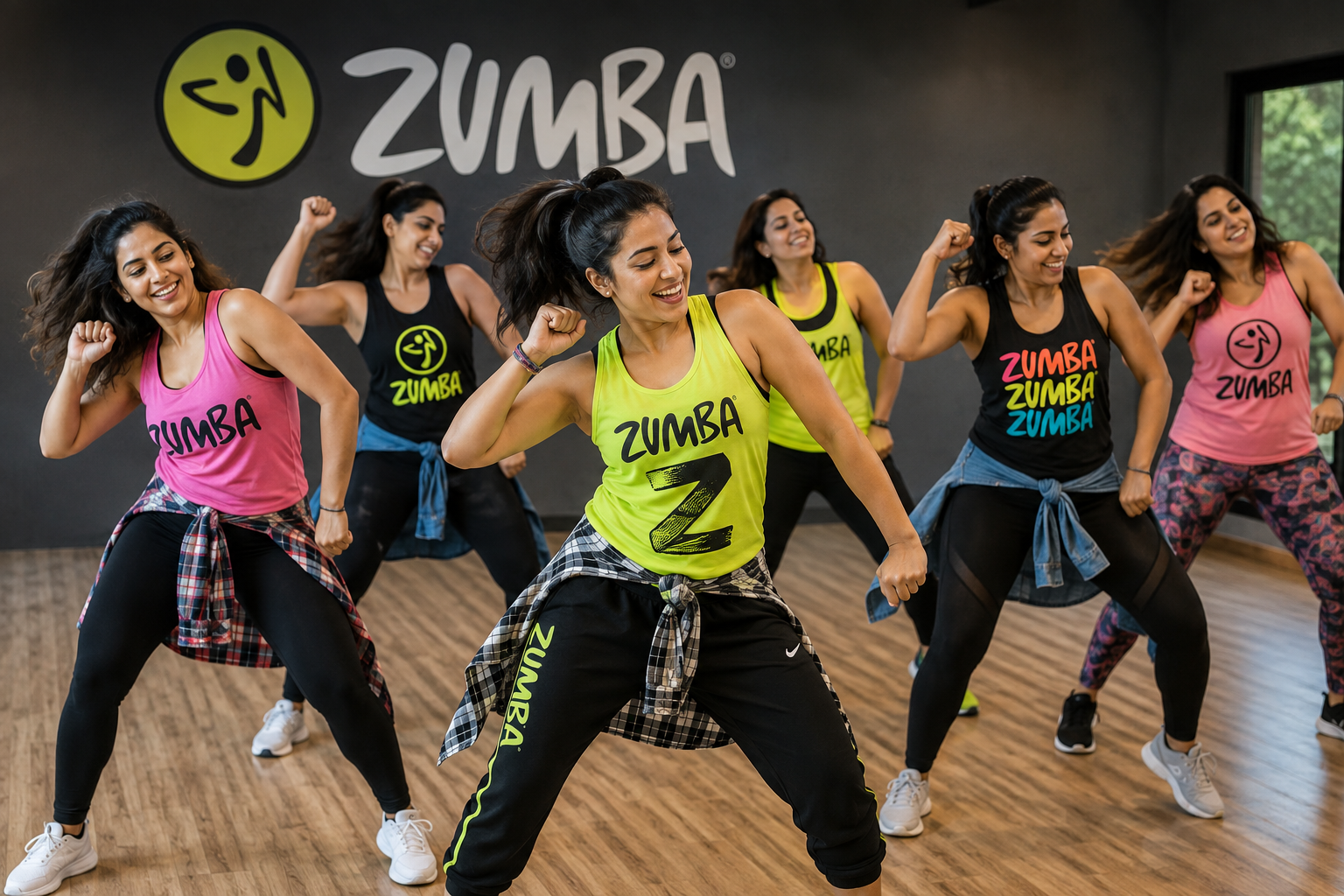 A group Zumba class dancing together beneath the studio's Zumba logo wall.