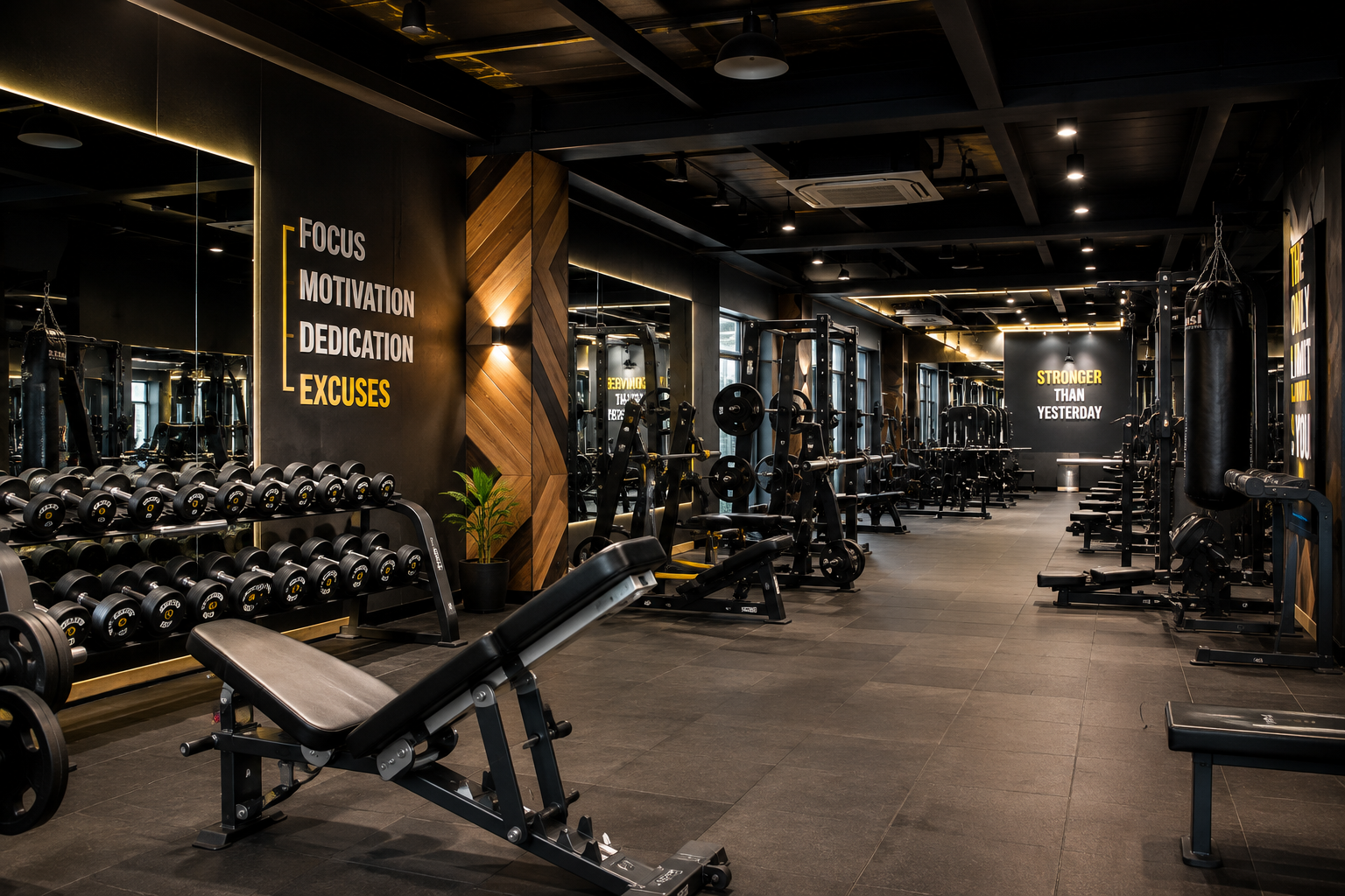 Dumbbell rack running the length of the free-weight wall, beneath a 'Focus, Motivation, Dedication, No Excuses' sign.