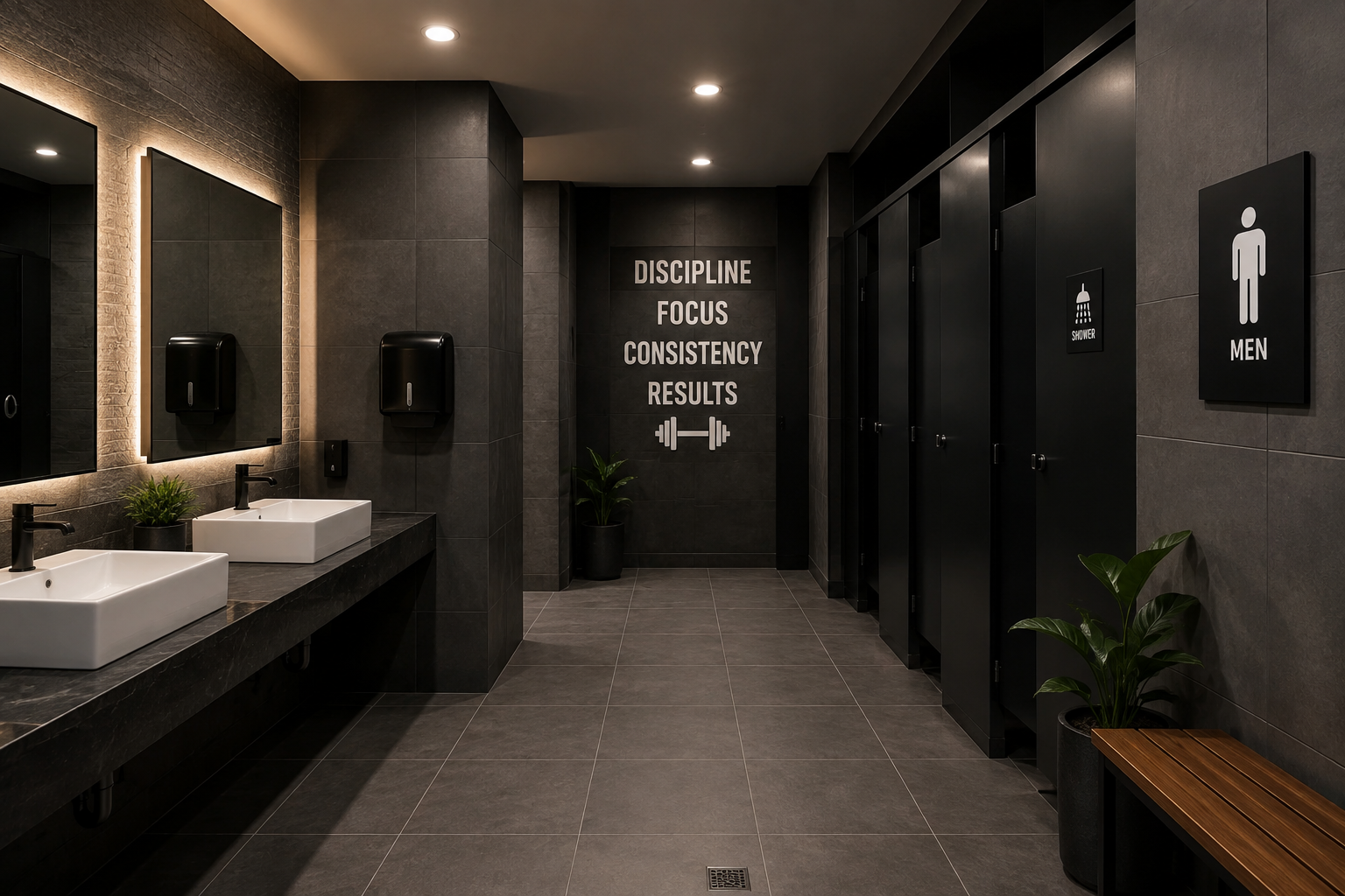 FitNix locker room with sinks, private shower stalls, and a 'Discipline, Focus, Consistency, Results' wall graphic.