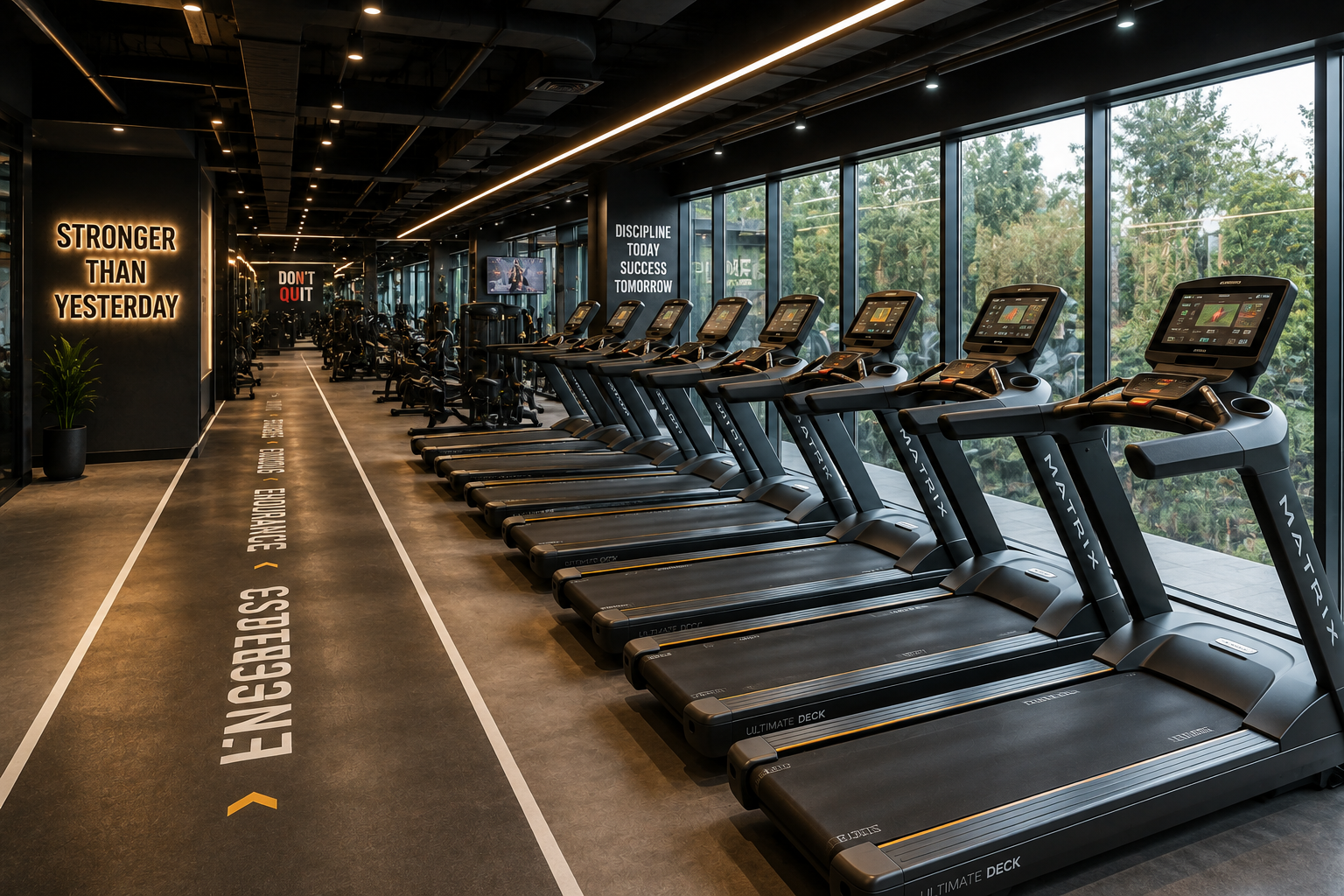Row of treadmills facing floor-to-ceiling windows along the cardio deck.