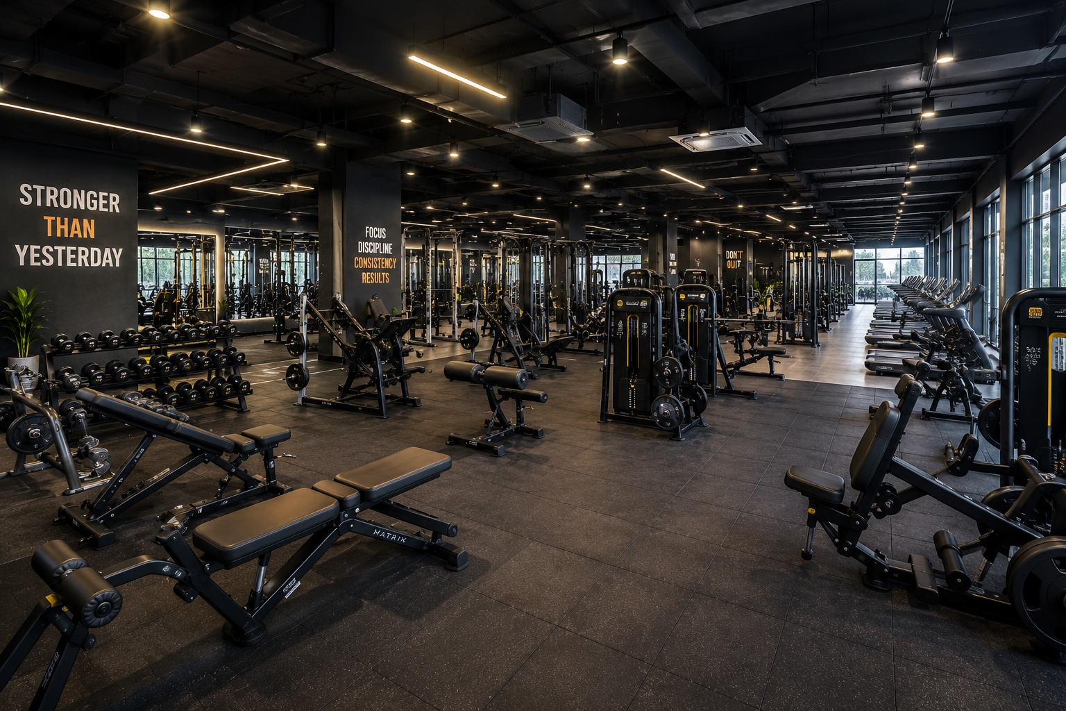 FitNix's main free-weight floor, lined with benches, plate racks and machines beneath a 'Focus, Discipline, Consistency, Results' wall sign.