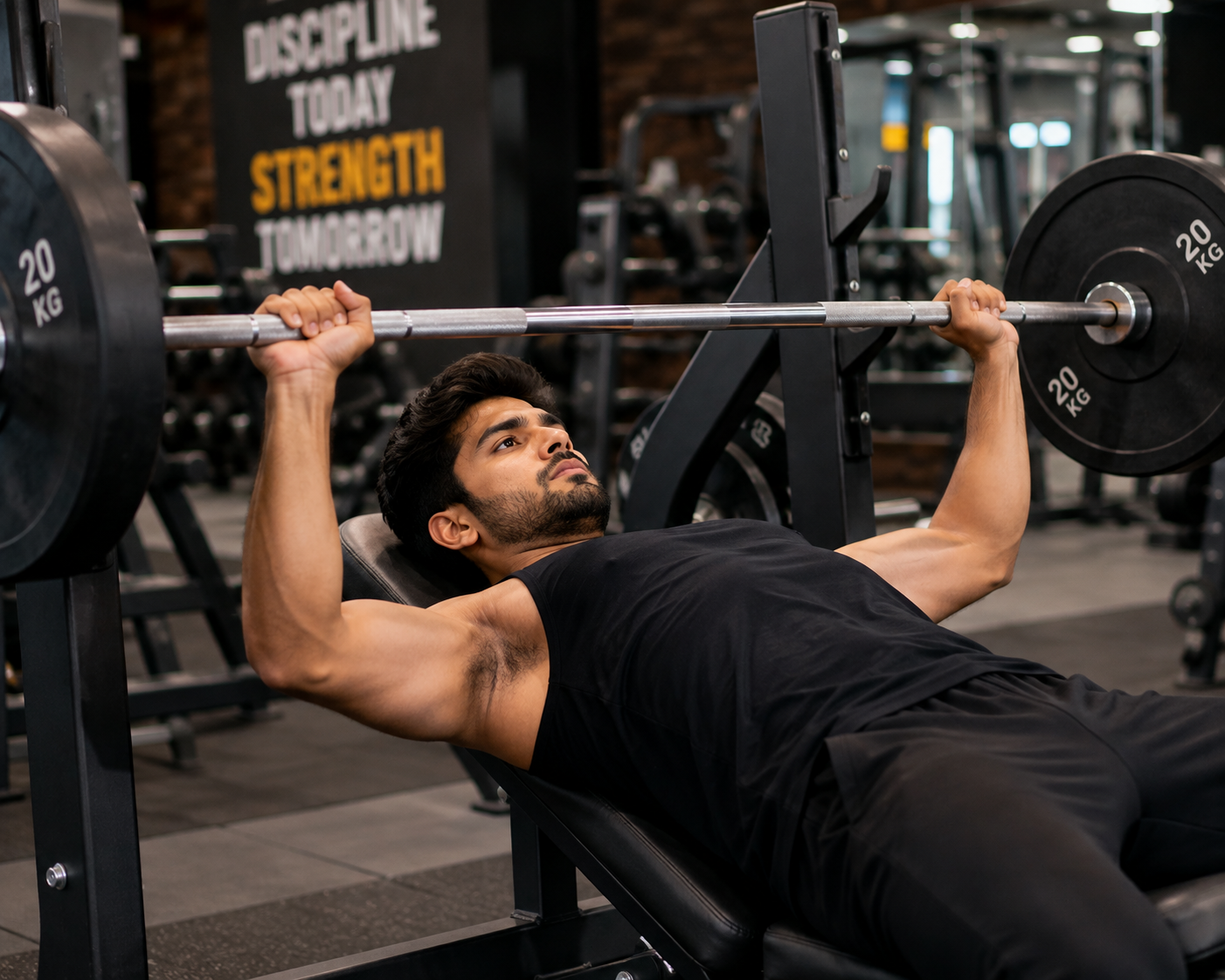 A FitNix member locking out a heavy barbell bench press under the gym's 'Discipline Today, Strength Tomorrow' wall sign.