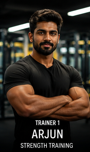 Trainer 1, Arjun, Strength Training specialist, standing arms crossed on the gym floor.