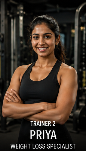 Trainer 2, Priya, Weight Loss Specialist, standing arms crossed on the gym floor.
