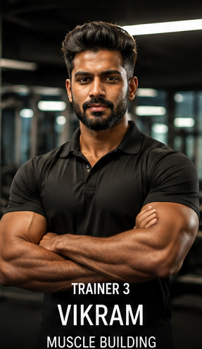 Trainer 3, Vikram, Muscle Building specialist, standing arms crossed on the gym floor.