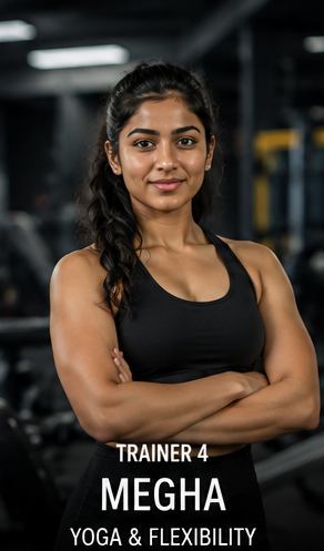 Trainer 4, Megha, Yoga and Flexibility specialist, standing arms crossed on the gym floor.