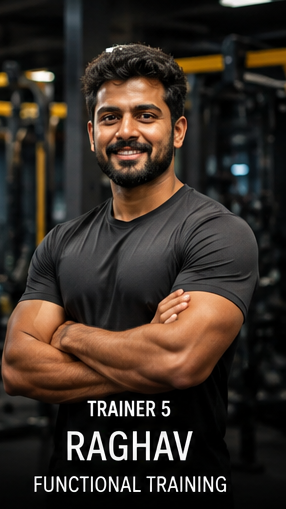 Trainer 5, Raghav, Functional Training specialist, standing arms crossed on the gym floor.