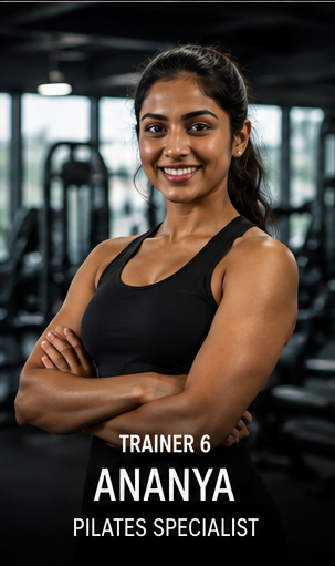 Trainer 6, Ananya, Pilates Specialist, standing arms crossed on the gym floor.