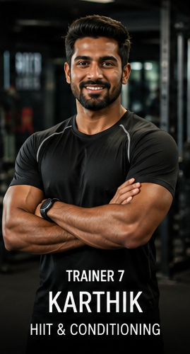 Trainer 7, Karthik, HIIT and Conditioning specialist, standing arms crossed on the gym floor.
