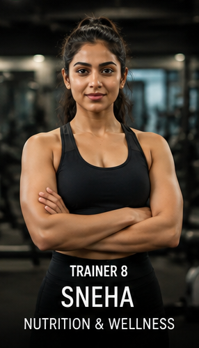 Trainer 8, Sneha, Nutrition and Wellness specialist, standing arms crossed on the gym floor.